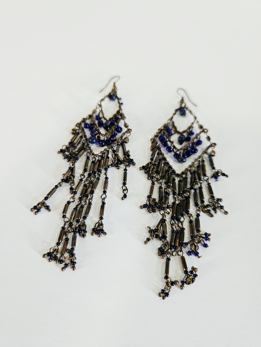 Vintage Free People Y2K Beaded Boho Bronze Dangle Fringe Chandelier Earrings - Picture 2 of 8